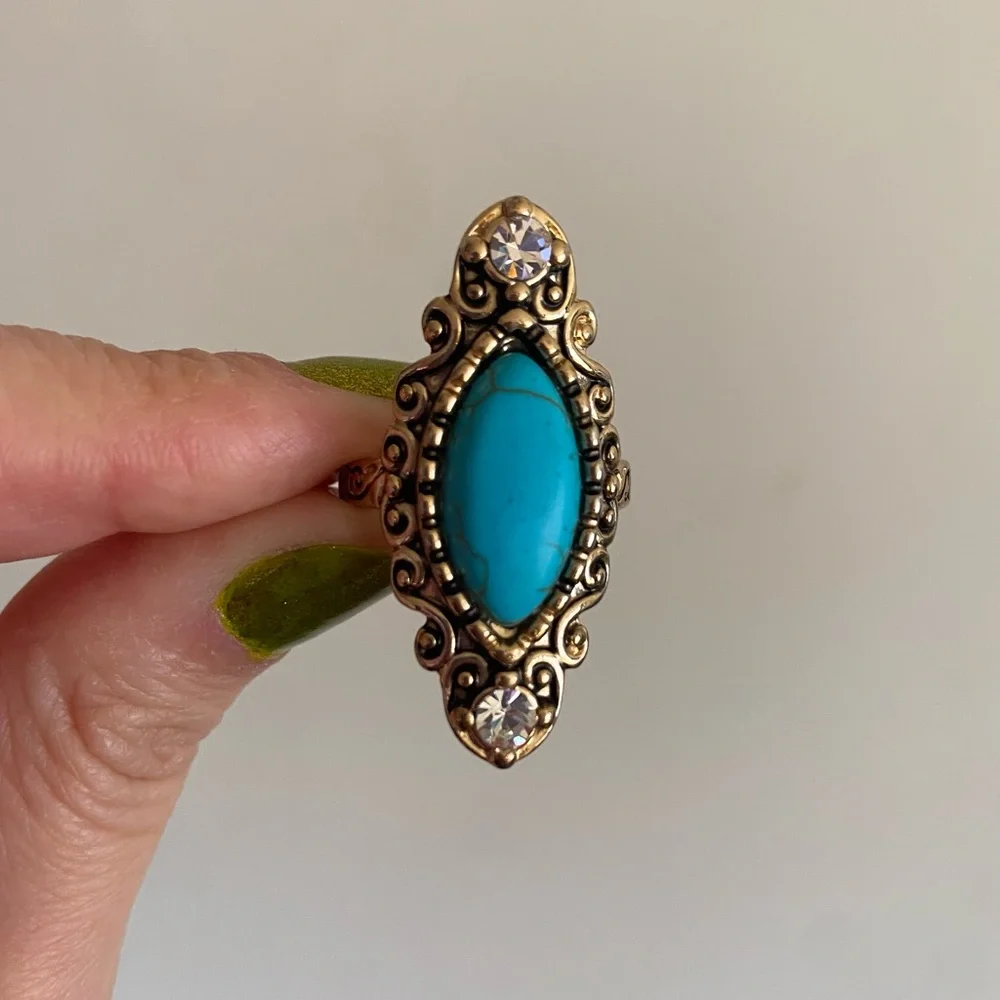 Boho Gold Tone Oblong Ring with Turquoise Tone Center Stone